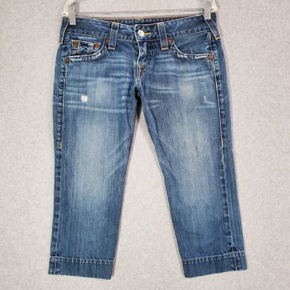 True Religion Women Jeans 29 Blue Carmen Denim‎ Cropped Distressed 22" Inseam